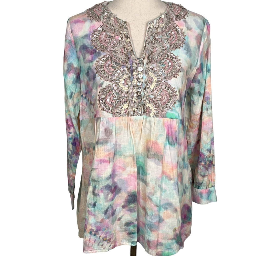 Soft Surroundings Tunic Women PS Pink Pastel Boho Embellished Art Watercolor Top